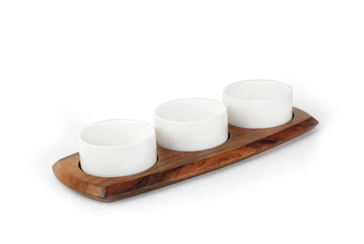 Acacia wood 3 bowl dip board